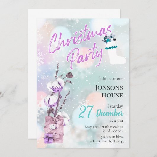 Uitnodiging voor kerstfeest Snowfall Cotton (Voorkant / Achterkant)