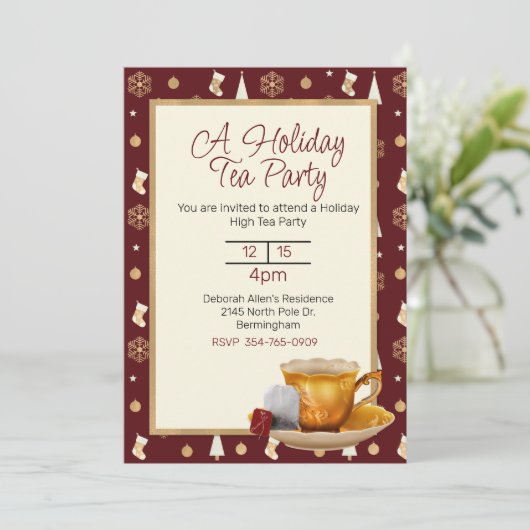Uitnodiging voor kerstfeest Tea Party (Staand voorkant)