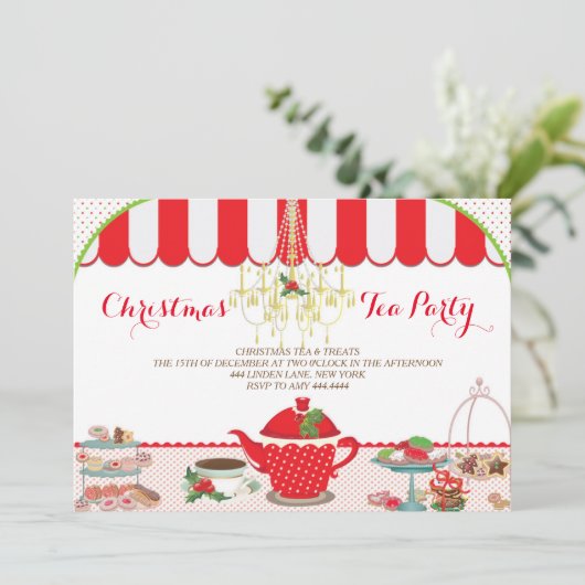 Uitnodiging voor kerstfeest Tea Party (Staand voorkant)