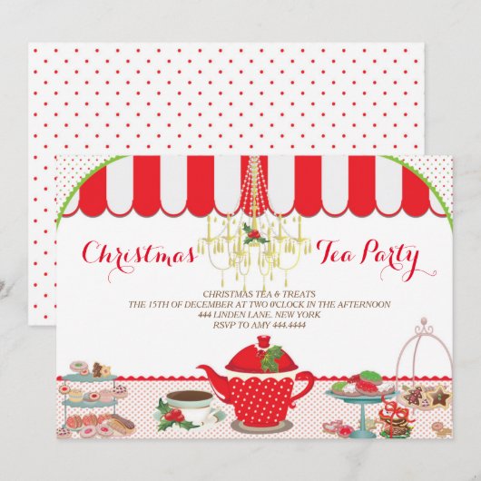 Uitnodiging voor kerstfeest Tea Party (Voorkant / Achterkant)