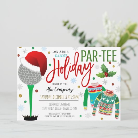Uitnodiging voor kerstfeest Ugly Sweater Golf Part (Staand voorkant)