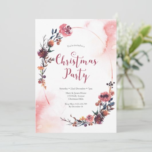 Uitnodiging voor kerstfeest | Winterbloemenkrans (Staand voorkant)