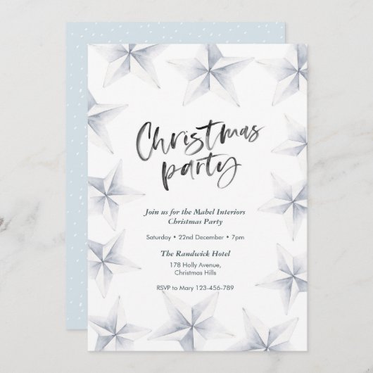 Uitnodiging voor kerstfeest | Zilveren sterren (Voorkant / Achterkant)