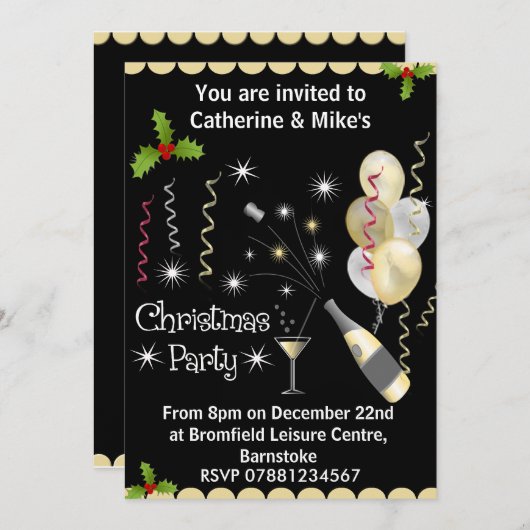 Uitnodiging voor kerstfeest - Zwart & Goud (Voorkant / Achterkant)