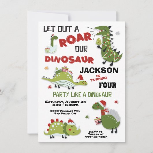 Uitnodiging voor kerstfeestdag in Dinosaur Birthda (Voorkant)