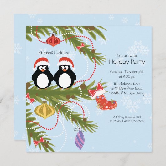 Uitnodiging voor kerstfeestdag in Penguin Couple (Voorkant / Achterkant)