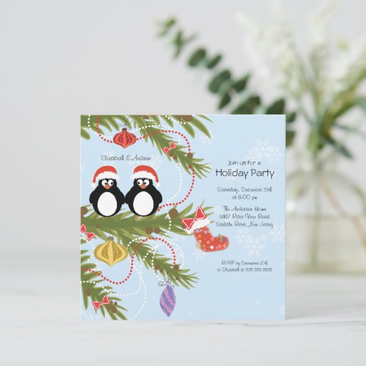 Uitnodiging voor kerstfeestdag in Penguin Couple (Staand voorkant)
