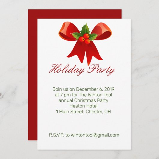 Uitnodiging voor kerstfeestdag met rood Bow (Voorkant / Achterkant)