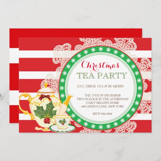 Uitnodiging voor kerstfeestdag Tea Party (Voorkant / Achterkant)