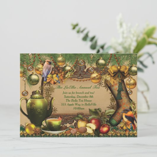 Uitnodiging voor kerstfeestdag Tea Party (Staand voorkant)