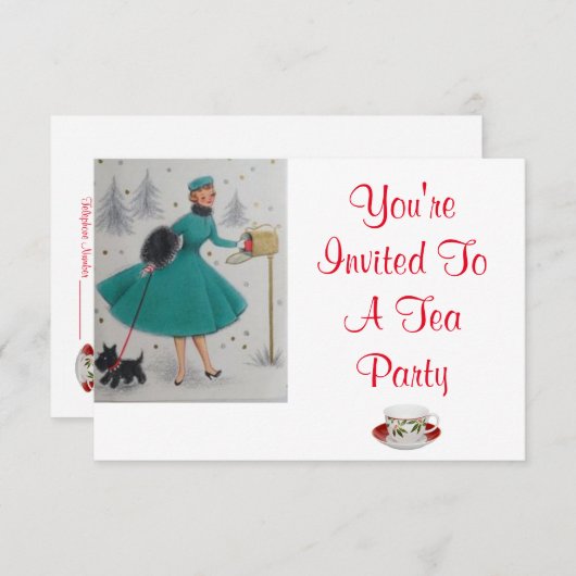 Uitnodiging voor kerstfeestdag Tea Party (Voorkant / Achterkant)