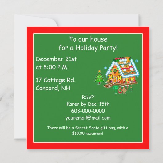 Uitnodiging voor kerstfeestdagen: Gingerbrood Hous (Achterkant)