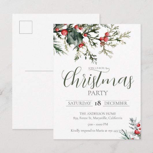 Uitnodiging voor kerstfeestdagen in de Waterverf E Briefkaart (Voorkant / Achterkant)