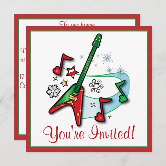 Uitnodiging voor kerstfeestdagen: Kerstrots Guitar (Voorkant / Achterkant)