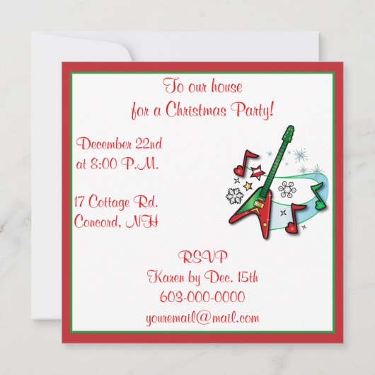 Uitnodiging voor kerstfeestdagen: Kerstrots Guitar (Achterkant)