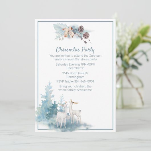 Uitnodiging voor kerstfeestdagen met deer en pasta (Staand voorkant)