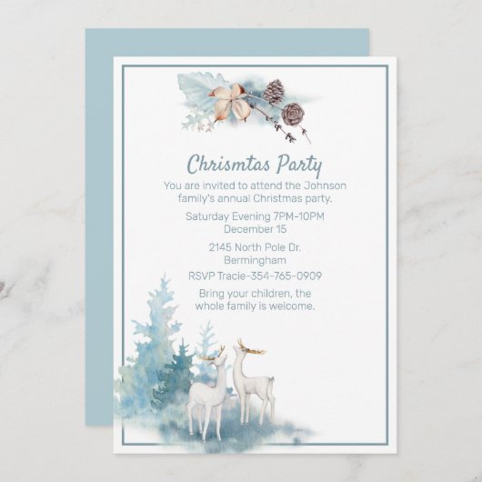 Uitnodiging voor kerstfeestdagen met deer en pasta (Voorkant / Achterkant)