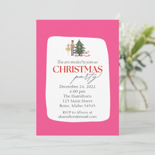 Uitnodiging voor kerstfeestdagen met roze voedings (Staand voorkant)