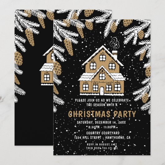 Uitnodiging voor kerstfeestdagen voor zwarte & gou (Voorkant / Achterkant)