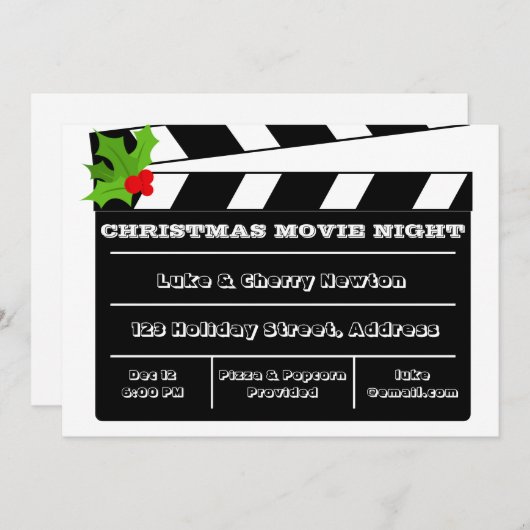 Uitnodiging voor kerstfilm Night Holly Clapboard (Voorkant / Achterkant)