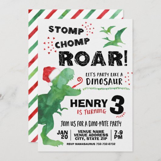 Uitnodiging voor kerstmis Dinosaur Birthday (Voorkant / Achterkant)