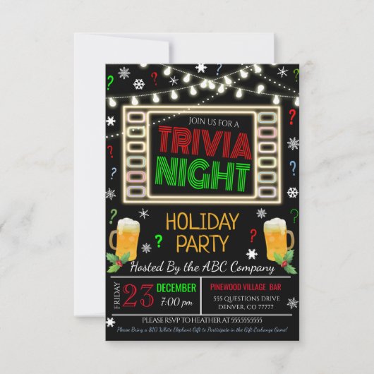 Uitnodiging voor Kerstmis Trivia Night Party (Voorkant)
