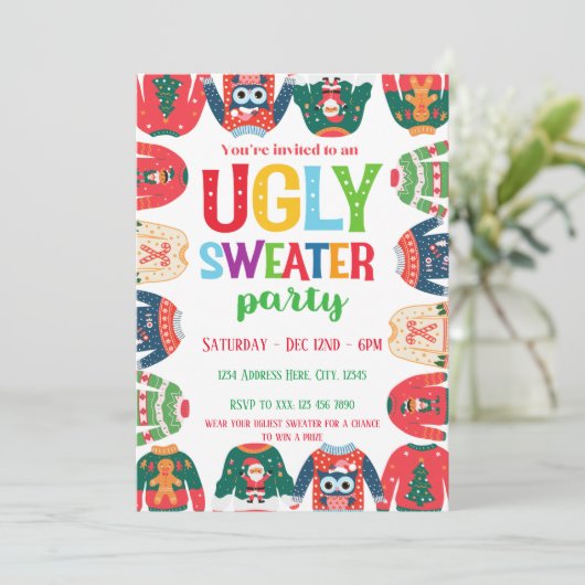 Uitnodiging voor Kerstmis Ugly Sweater (Staand voorkant)