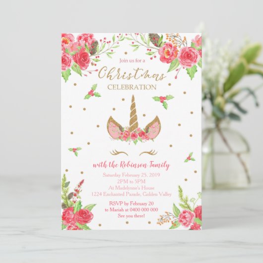 Uitnodiging voor kerstmis Unicorn (Staand voorkant)