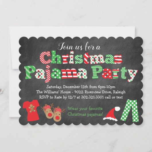 Uitnodiging voor kerstpyjama-feest - schoolbord (Voorkant)