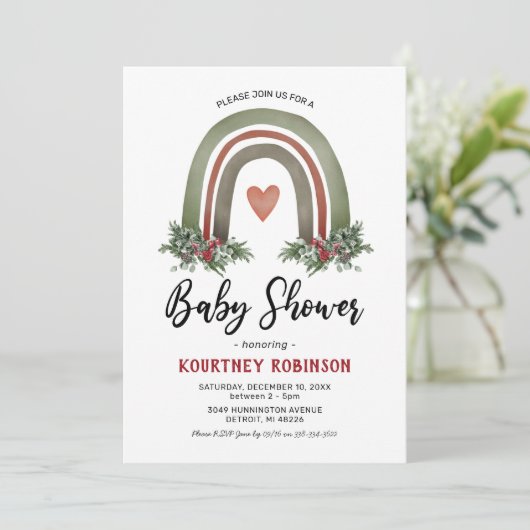 Uitnodiging voor kerstregenboogwinter Baby shower (Staand voorkant)