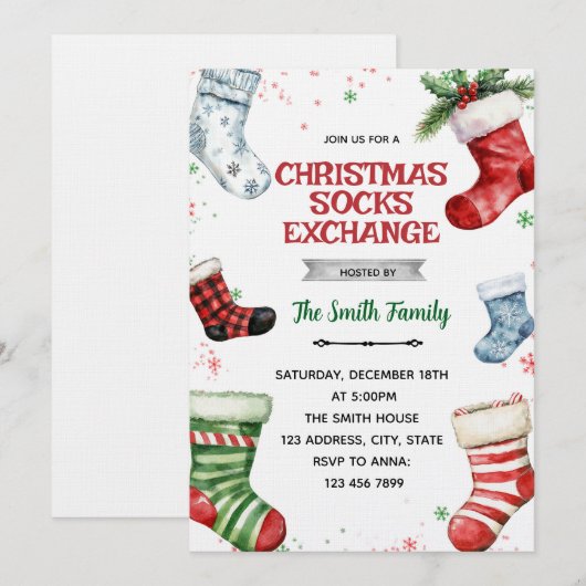 Uitnodiging voor kerstsokkenruilfeest (Voorkant / Achterkant)