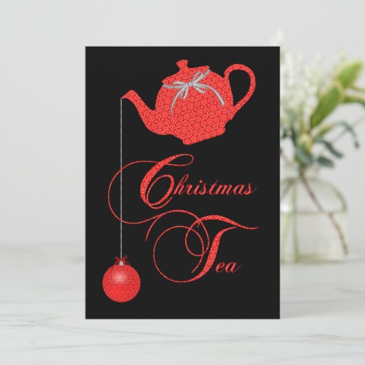 Uitnodiging voor kerstthee, Rode Lace Elegance (Staand voorkant)