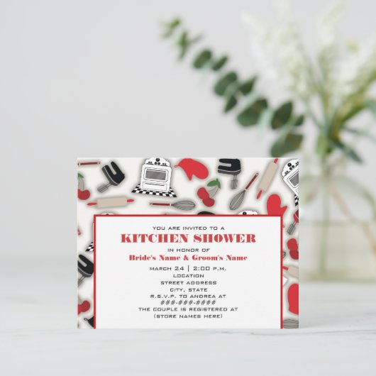 Uitnodiging voor keukendouches - Rood en zwart (Staand voorkant)