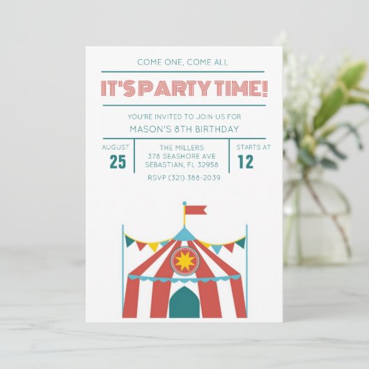 Uitnodiging voor kind Circus Verjaardagsfeestje (Staand voorkant)