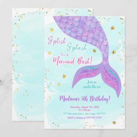 Uitnodiging voor kinderen van zeemeermin onder de  (Voorkant / Achterkant)