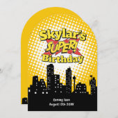 Uitnodiging voor kinderfeestje met superhelden tek (Voorkant / Achterkant)