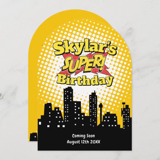 Uitnodiging voor kinderfeestje met superhelden tek (Voorkant / Achterkant)