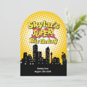 Uitnodiging voor kinderfeestje met superhelden tek (Staand voorkant)