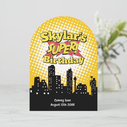 Uitnodiging voor kinderfeestje met superhelden tek (Staand voorkant)