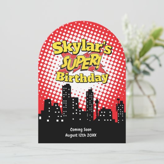 Uitnodiging voor kinderfeestje superhelden - RIP 2 (Staand voorkant)