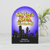 Uitnodiging voor kinderfeestje superhelden - RIP 2 (Staand voorkant)