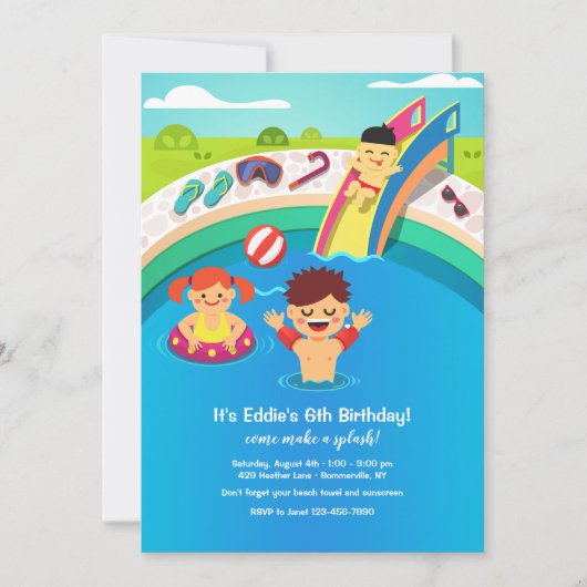 Uitnodiging voor kinderzwembadfeestje (Voorkant)