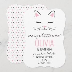 Uitnodiging voor kittenverjaardag met roze hartjes