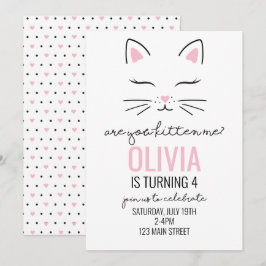 Uitnodiging voor kittenverjaardag met roze hartjes