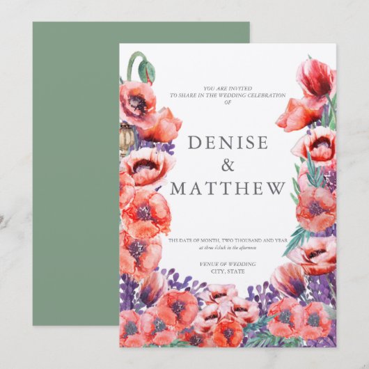 Uitnodiging voor klaproos bruiloft met basilicum a (Voorkant / Achterkant)