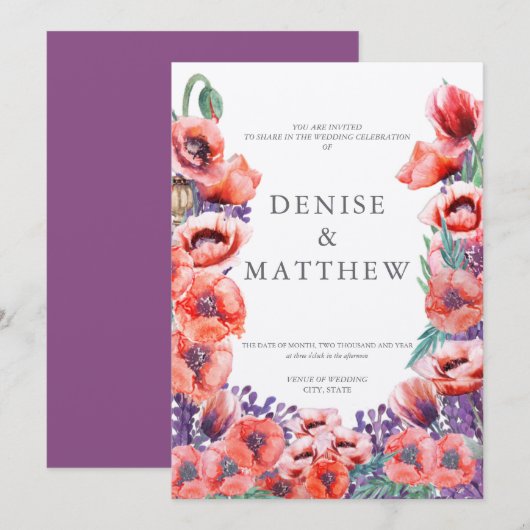 Uitnodiging voor klaproos bruiloft met dahlia acht (Voorkant / Achterkant)