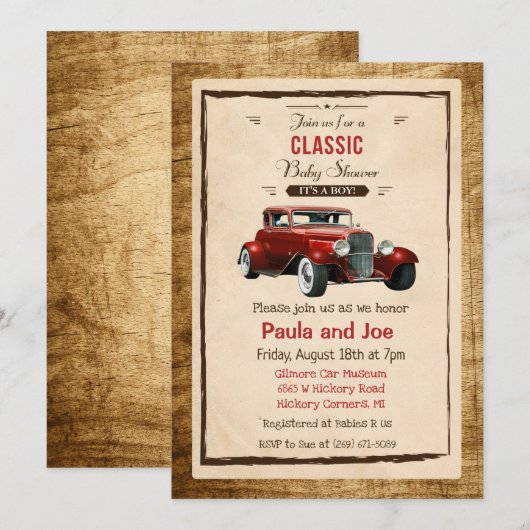 Uitnodiging voor klassieke auto vintage baby showe (Voorkant / Achterkant)
