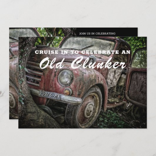 Uitnodiging voor klassieke Oude Clunker Birthday (Voorkant / Achterkant)