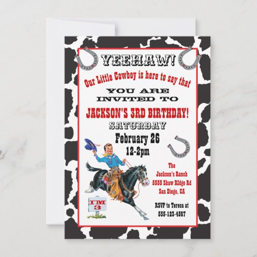 Uitnodiging voor kleine cowboy verjaardagsfeest (Voorkant)