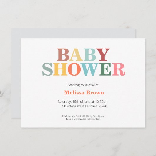 Uitnodiging voor kleurrijk baby shower (Voorkant / Achterkant)